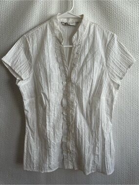 BHS White Eyelet Embroidered Ruffle Button Front Short Sleeve Blouse Size:14 Y2K